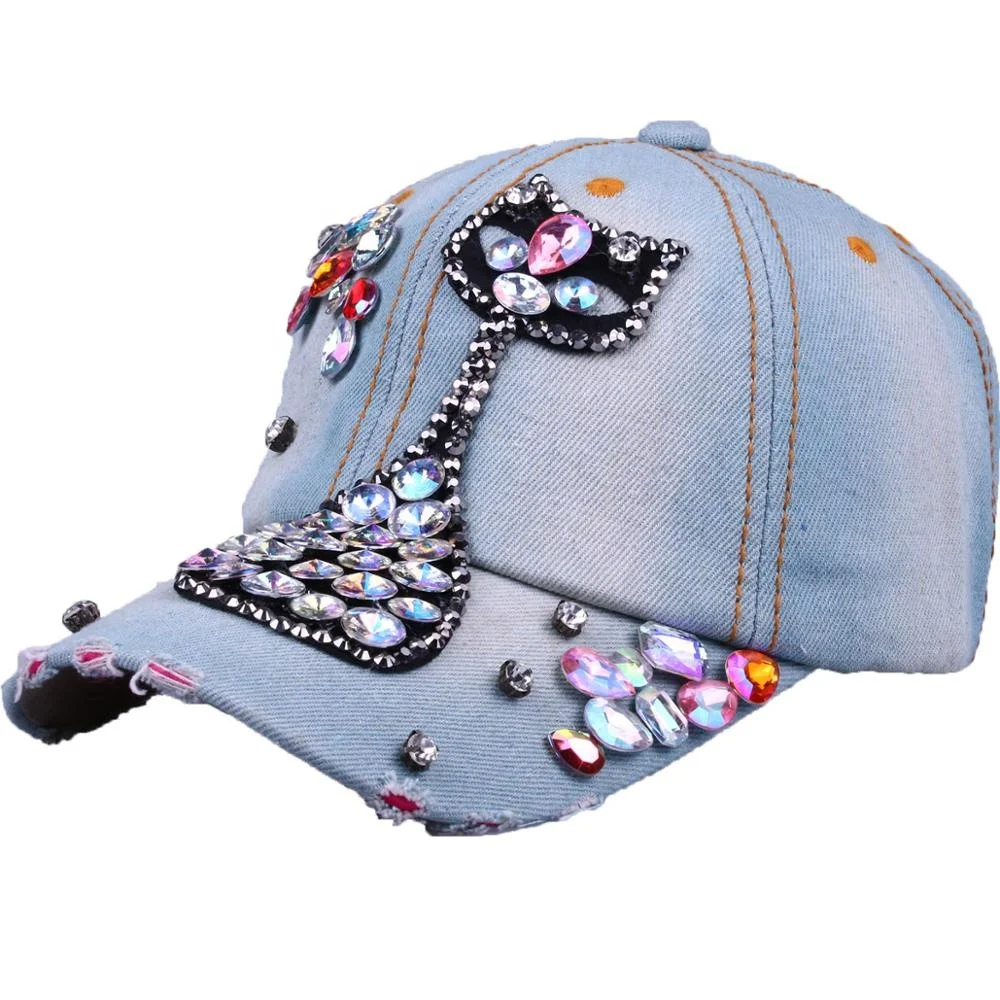 Distressed Bling Bling Baseball Hat Custom Rhinestone Denim Baseball Hat