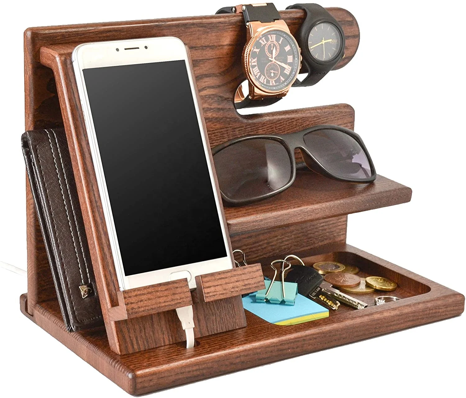 Wood Phone Docking Station and Men gadgets for Watch Wallet Key organizer rack Male Travel Idea Gadgets
