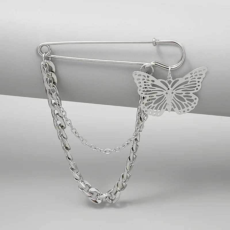Korean Silver Cross Butterfly Smile Face Chain Brooch pin for Clothes Decoration