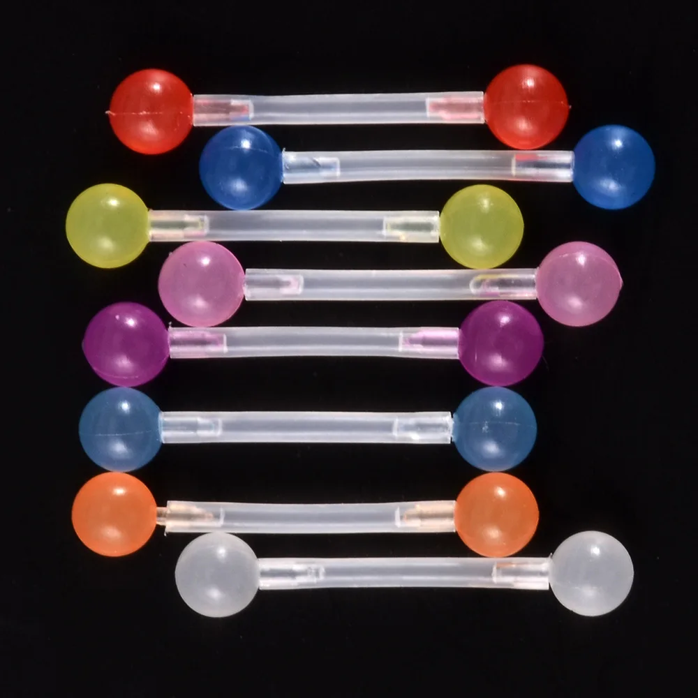 2024 New 8pcs/lot Soft Acrylic Barbell Tongue Piercing Tongue Rings Flashing Powder Plastic Nipple Ring Ear Piercing Jewelry