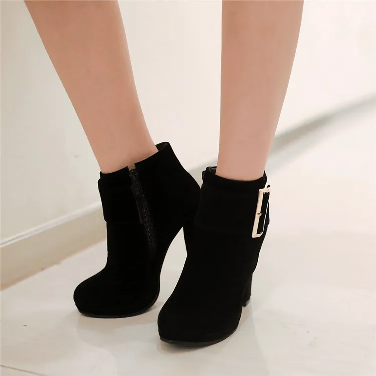 Suede Thick Bottom Oem Fall New Design Sexy Ladies Wide Calf Chunky Heel Booties Woman Ankle Heel Womens Ankle Boots With Buckle