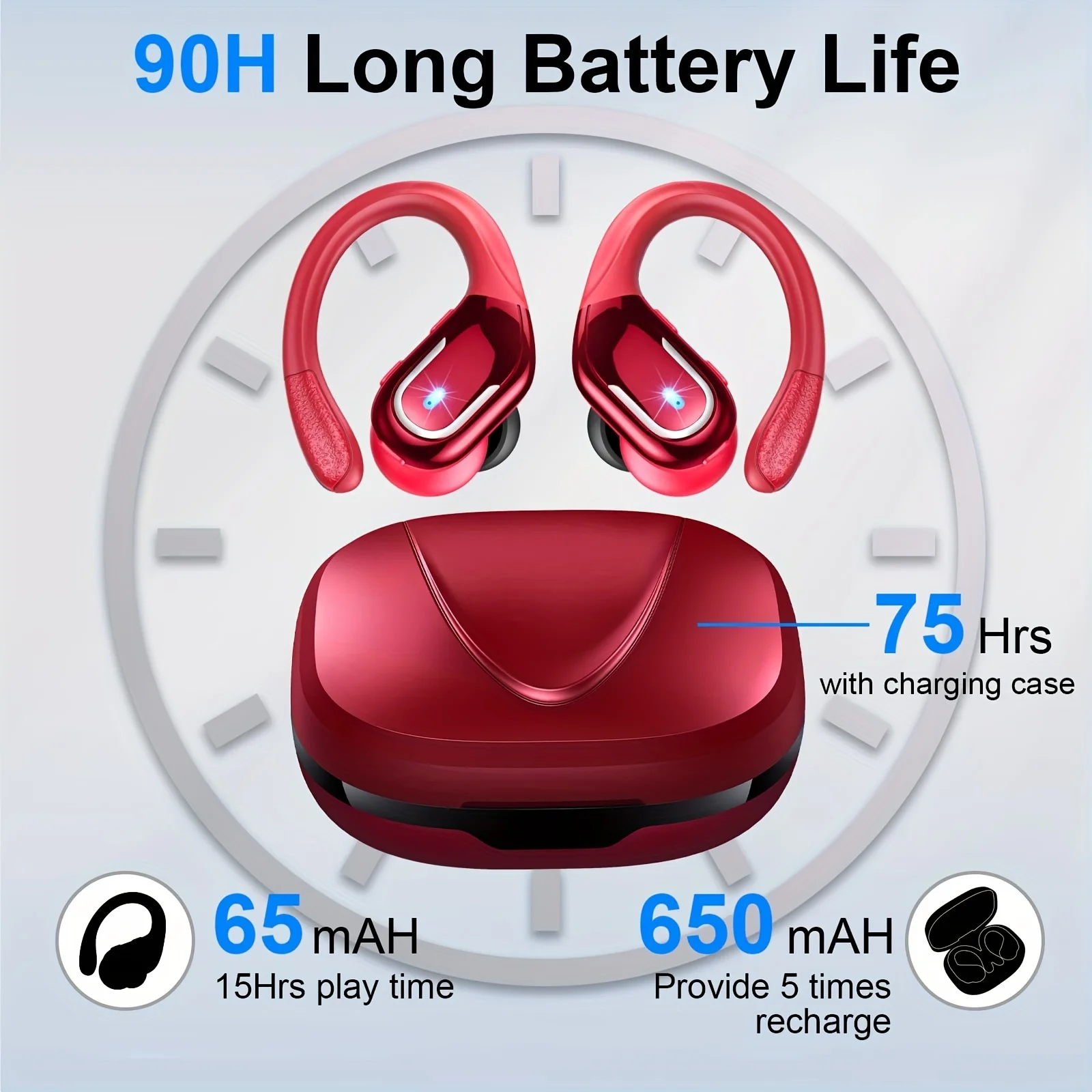 New Wireless Earbuds For Running Sports, Wireless Earphones With Earhooks Pure Bass Sound, 60h Over Ear Headphones With Dual-led