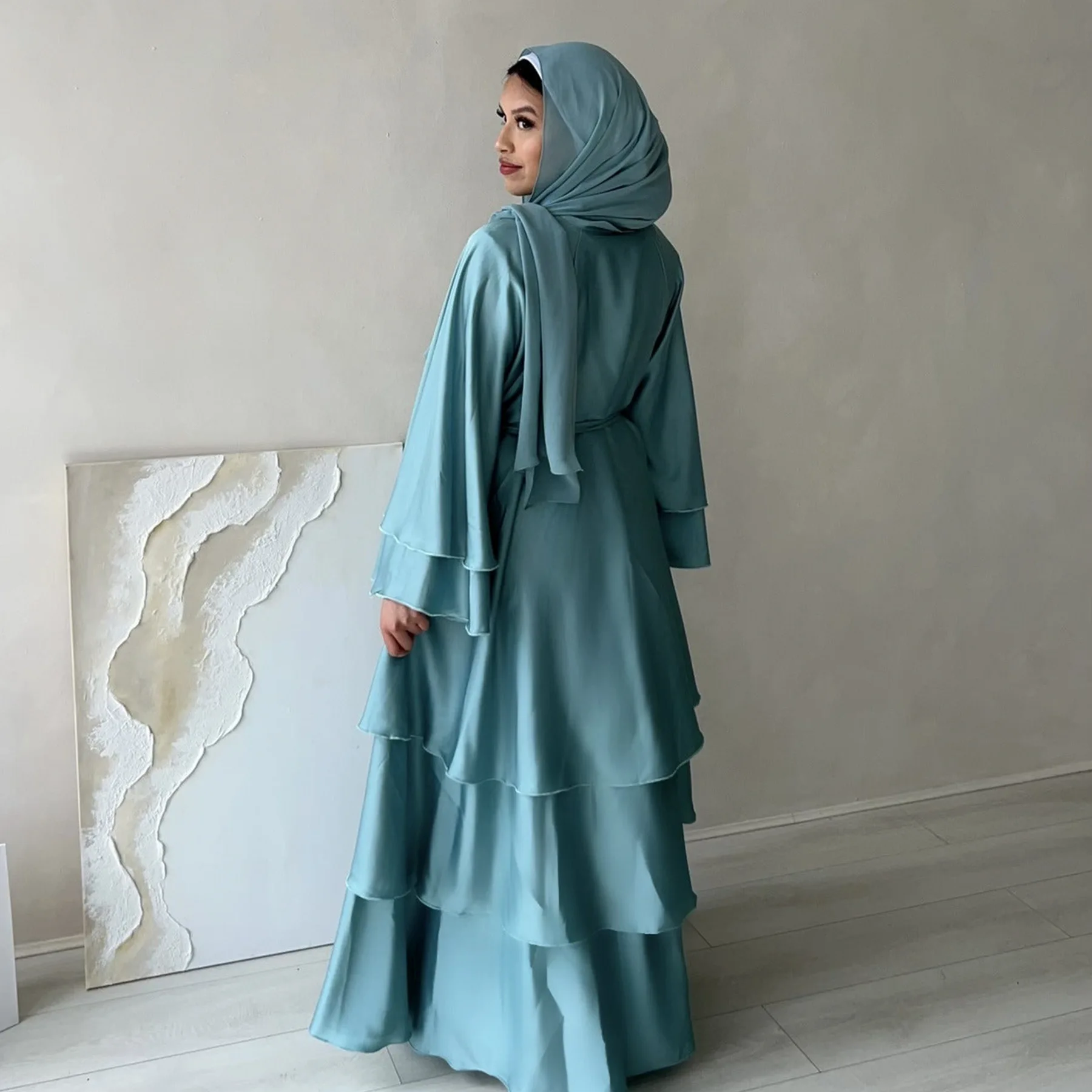 2024 Islamic Clothing Eid Dubai Elegant Modest Abaya Women Muslim Dress 3 Layers High Quality Satin Silk Open Abaya