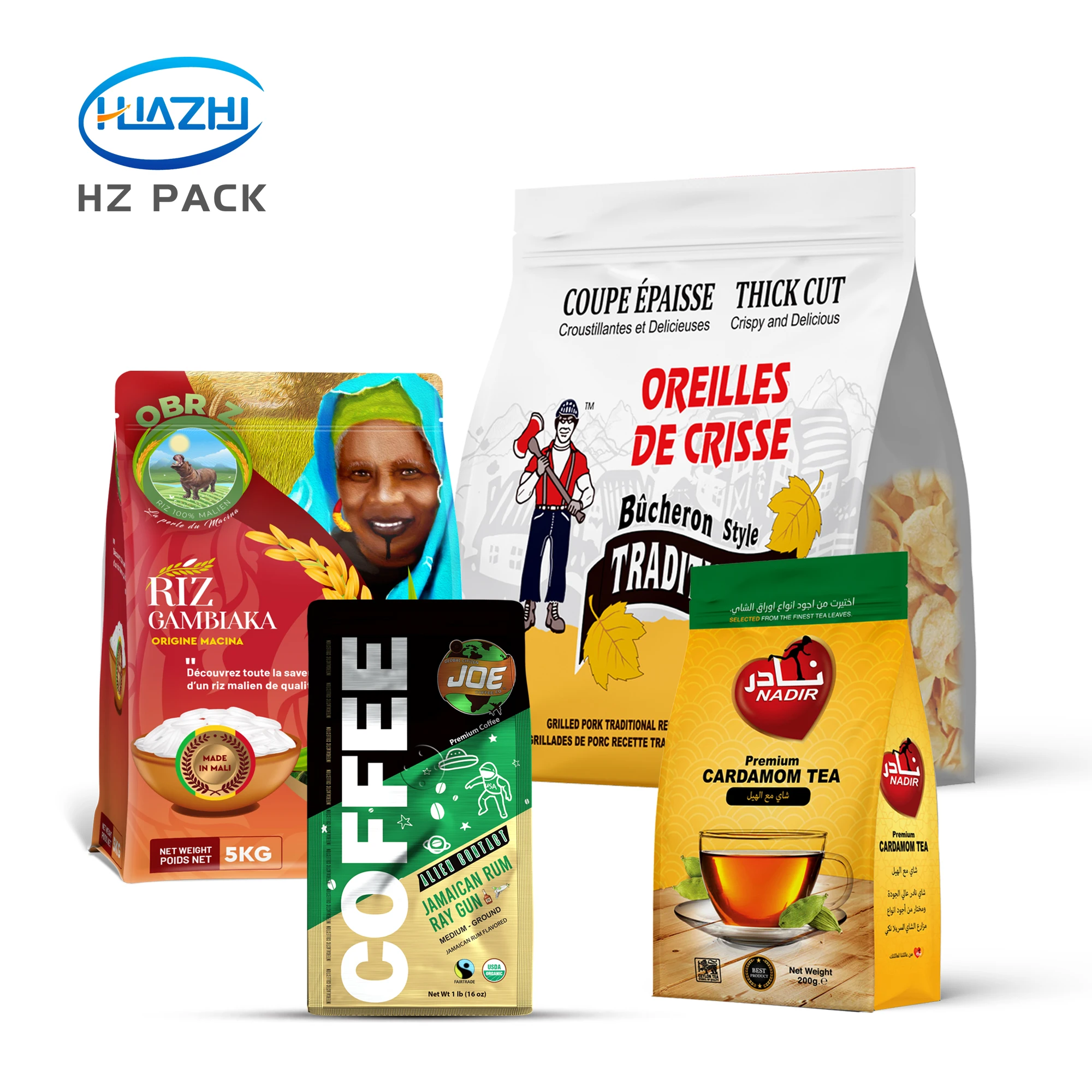 Custom Printing Food Grade Plastic Flat Bottom Zipper Pouch For Food Coffee Tea Potato Chips Packaging Ziplock Bag