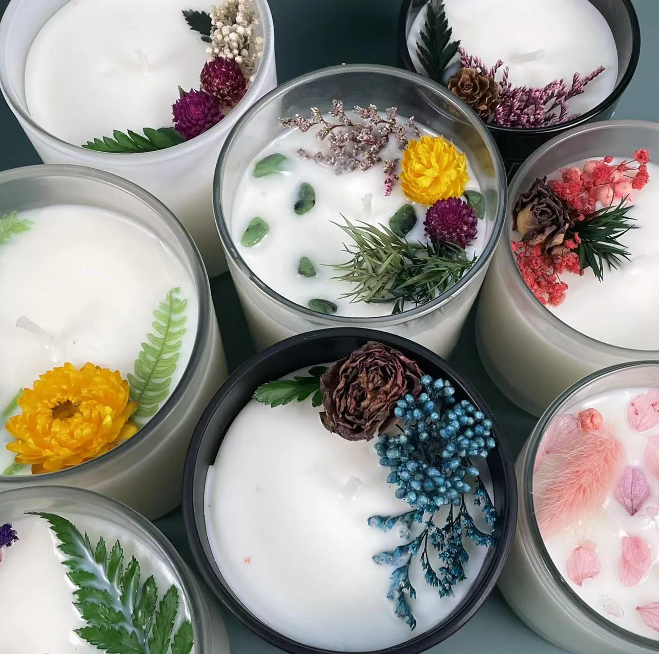 Wholesale Customized Dry Flowers Crystal DIY Custom Candle Natrual Soy Wax Luxury Glass Scented Candles with lids