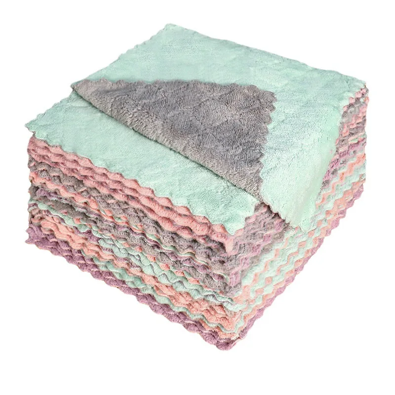 Dry Quickly Double-Sided Multi-Purpose Coral Fleece Lint-Free Wash Cloth Microfiber Cleaning Cloth Kitchen Dish Towels