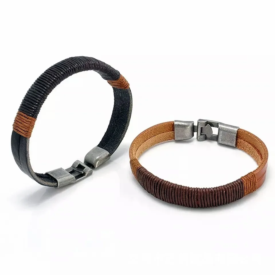 New Surfer Cuff Black Brown Mens Vintage Hemp Wrap Leather Wristband Bracelet