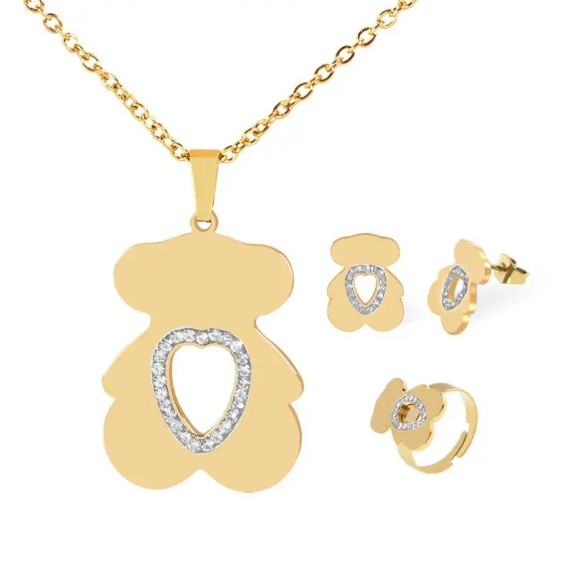 Fashionable 18K Gold Spain Bear Pendant Earrings Set With Heart Shape Rhinestones Diamonds For Women Gift Jewelry Sets