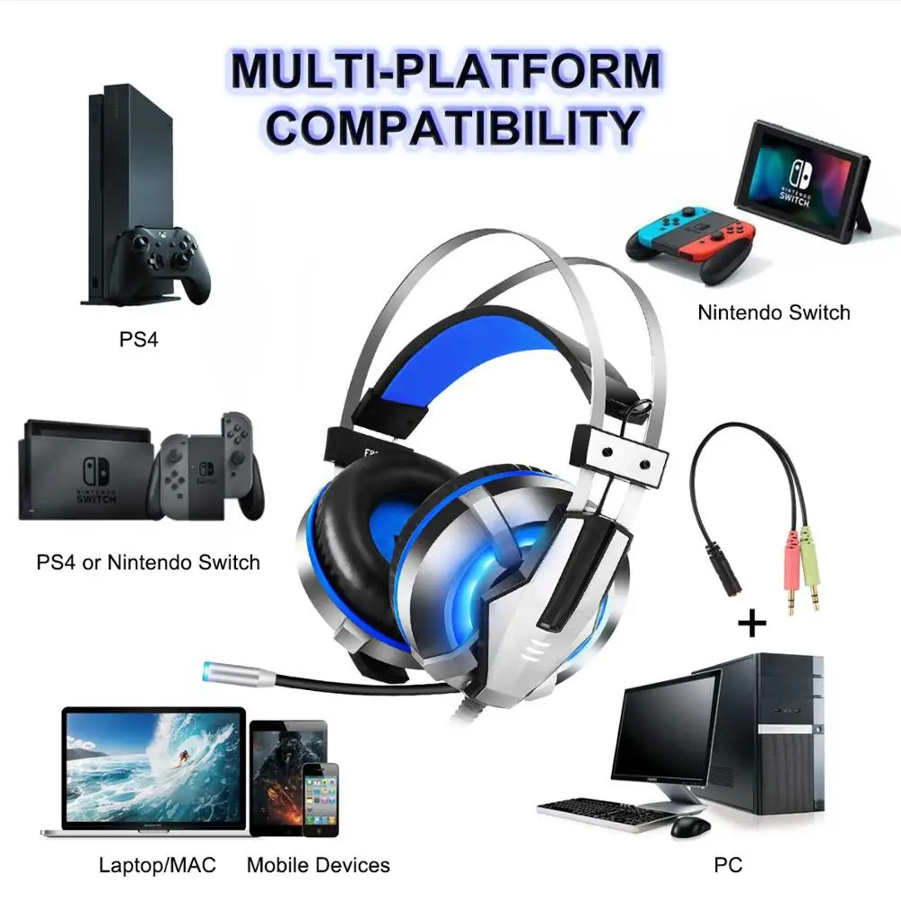 EKSA Gaming Headset for PS4, PC, Xbox One Controller, Noise Cancelling Over Ear Headphones with Mic, LED Light, Bass Surround