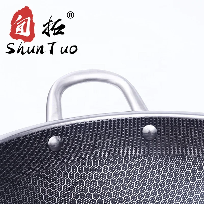 
gas two ears honeycomb nonstick Triply 304 stainless steel cooking pan induction chinese wok pan 