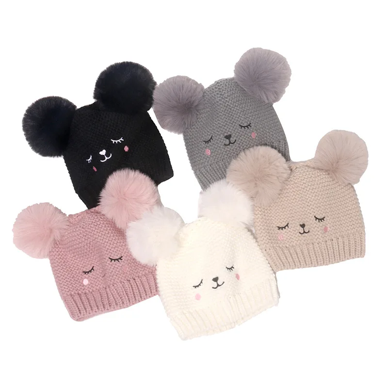 Latest Cartoon Lovely Embroidery Children Girls Knitted Beanie Hat With Double Pom Pom Kids Winter Warm Acrylic Knit Wool Hat