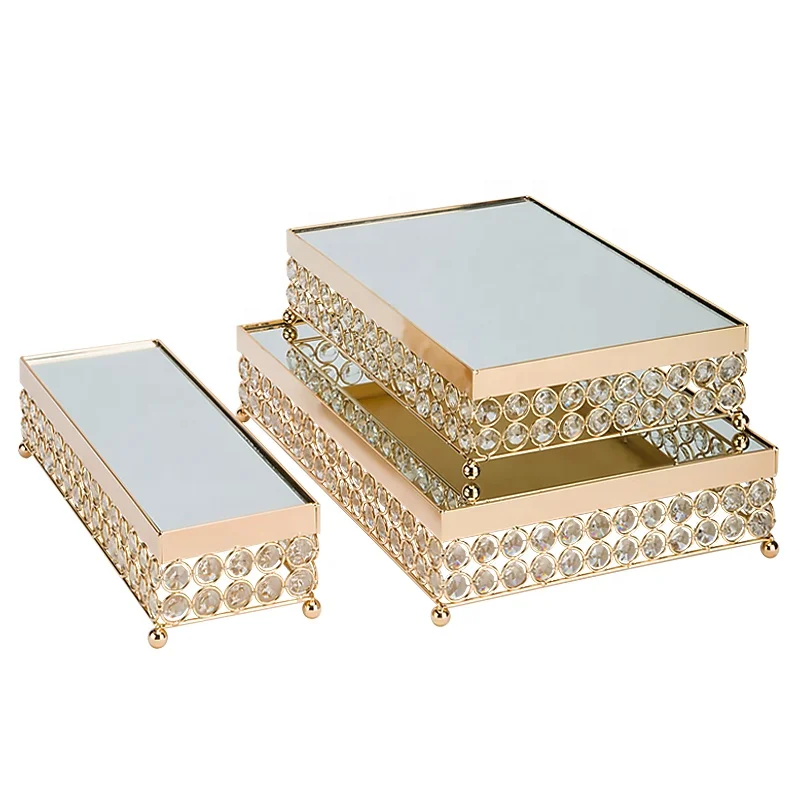 metal gold silver wedding cake stand set decorating party beaded mirror cup cake stand  with hanging crystals cake plate stand