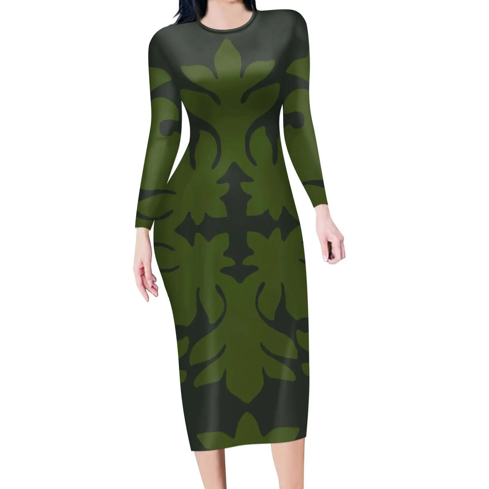 Hawaiian Polynesian Mandala Ethnic Tribal Army Green Pattern African Women Dresses Elegant Woman Casual Long Sleeve Dresses