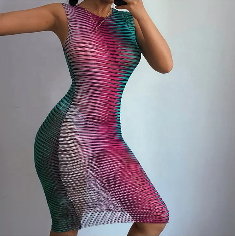 New O-neck Sleeveless Mesh Ladies Club Tank Top Dresses Zebra Print Sexy Bodycon Mini Women Wrap Vest Dress