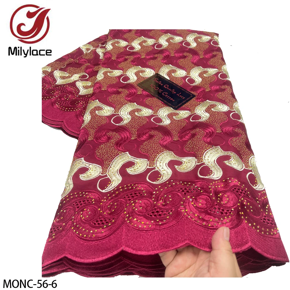 African High Quality Embroidery Flower Trim 100% Cotton Swiss Cotton Voile Lace Fabric with Stones
