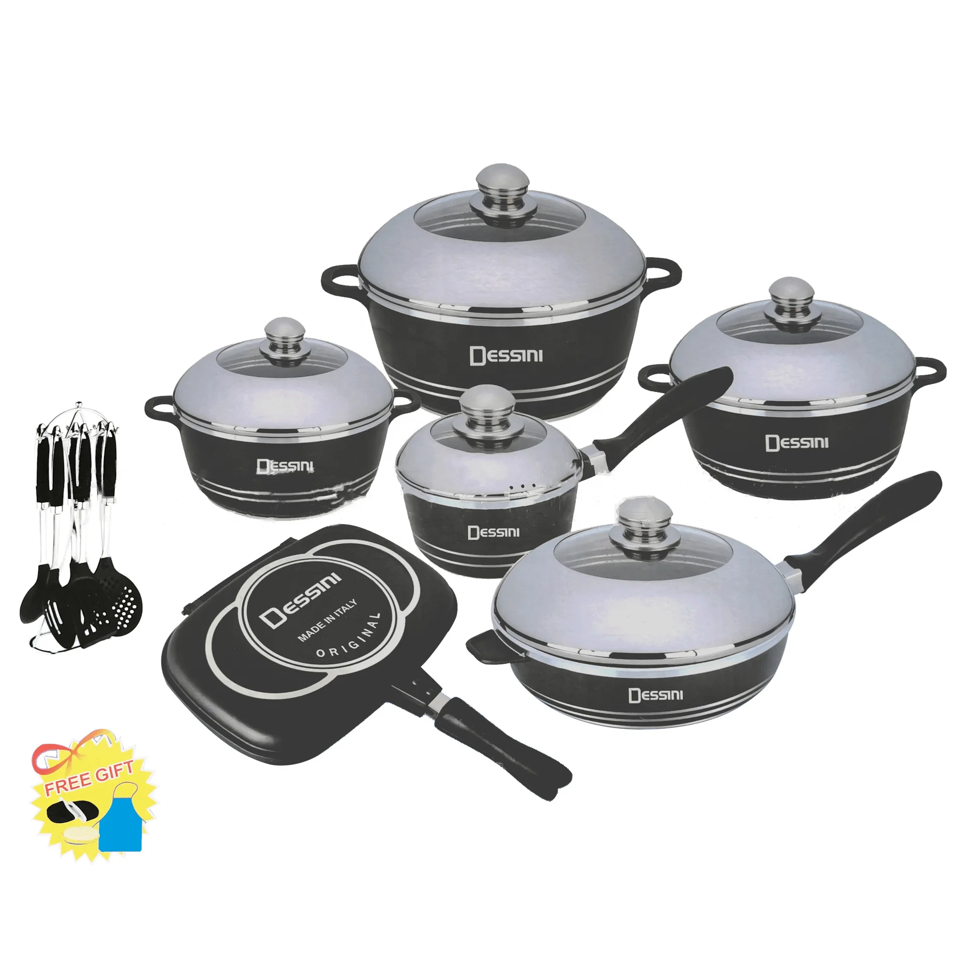 Dessini 23pcs Die-casting Aluminum Cookware Set Non-stick Pot with Tempered Glass Lid