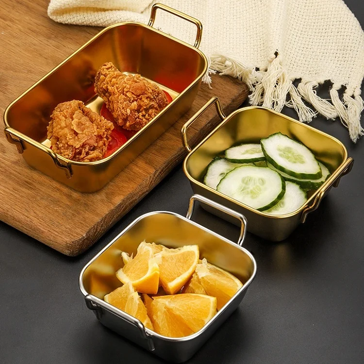 OEM/ODM Durable Restaurant Snack Dishes Silver Gold Stainless Steel Outdoor Square Serving Plate Bowl Dishes