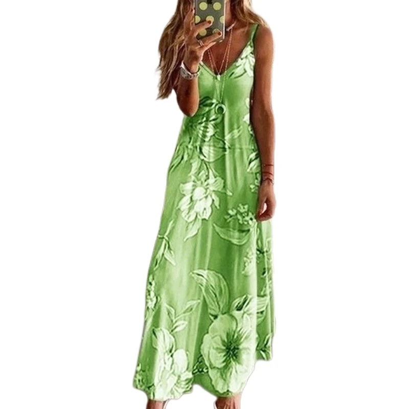 Bohemian Slip Dress Summer Sleeveless Backless Floral Casual Maxi Dress Sundresses For Women