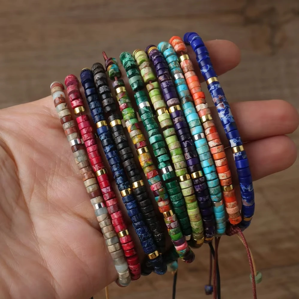 2 x 4 mm Dainty Stone Bracelet for Women Semi-precious Flat Beaded Handwoven Adjustable Healing Imperial Jasper Bracelet