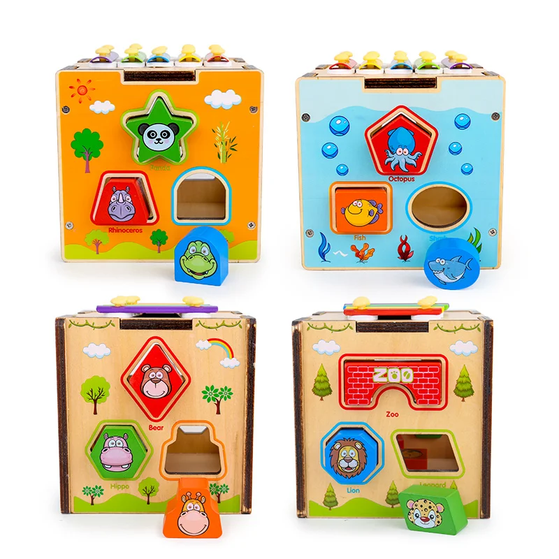 Hot sale cartoon multifunction baby wooden shapes sorter knocking piano educational wooden toy for children