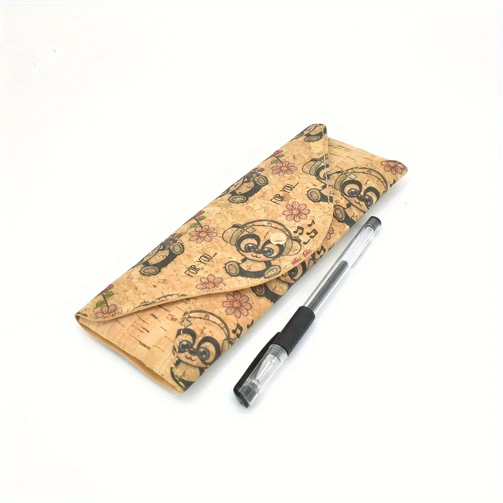 Retro Pattern Long Flap Cork Purse Multifunctional Cork Pencil Case With Button Textured Cork Wallet