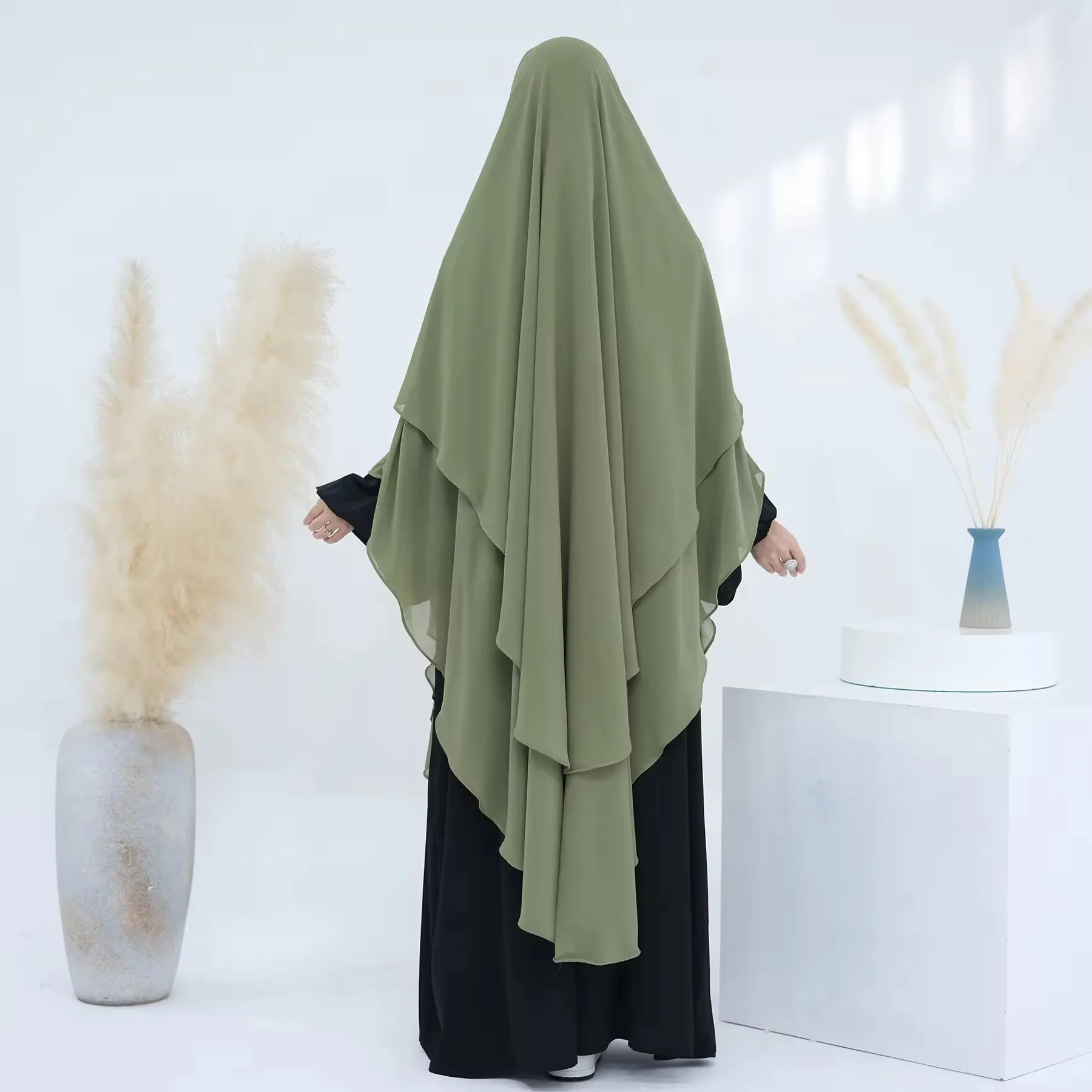 2024 New Turkey Overhead Tie Back Plain Prayer Scarf Muslim Women Hijab Dress 2 Layers Long Niqab Chiffon Khimar  satin