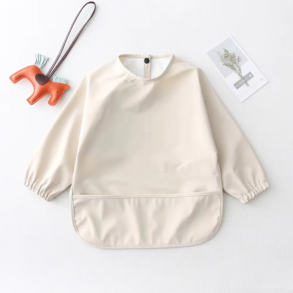Large Neutral Colors Multifunction PU Bibs Set Baby Feeding Organic Sleeved Baby PU Bibs Apron