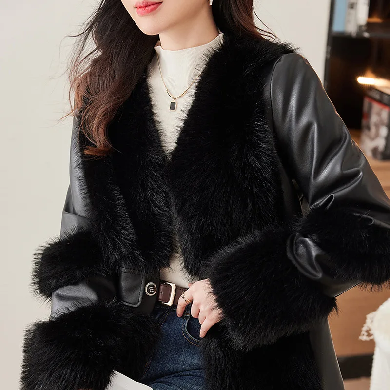 Elegant Women Fox Fur Collar Short Coat PU Leather Faux Fur Jacket