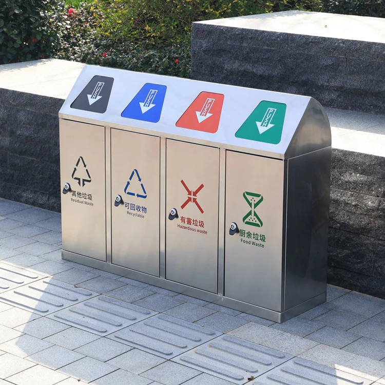 Creative Outdoor Stainless Steel Trash Can 4 Compartments Connected Street Recycling Bin Park Gym Standing Structure Garbage