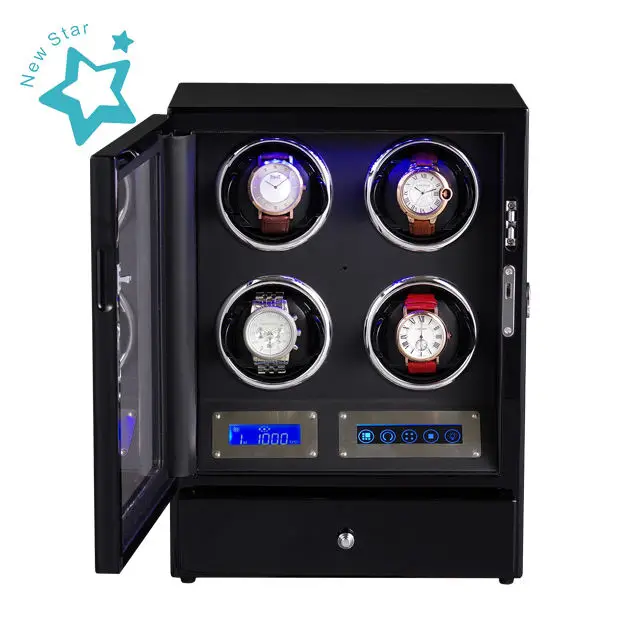 Luxury High quality  molle Automatic watch winder safe wood leather watch winder box  4 slots with touch screen LED drawer
