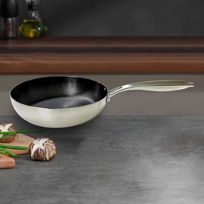 Wholesale factory direct commercial custom stainless steel honeycomb design non-stick Wok frying pan with steel wooden handle