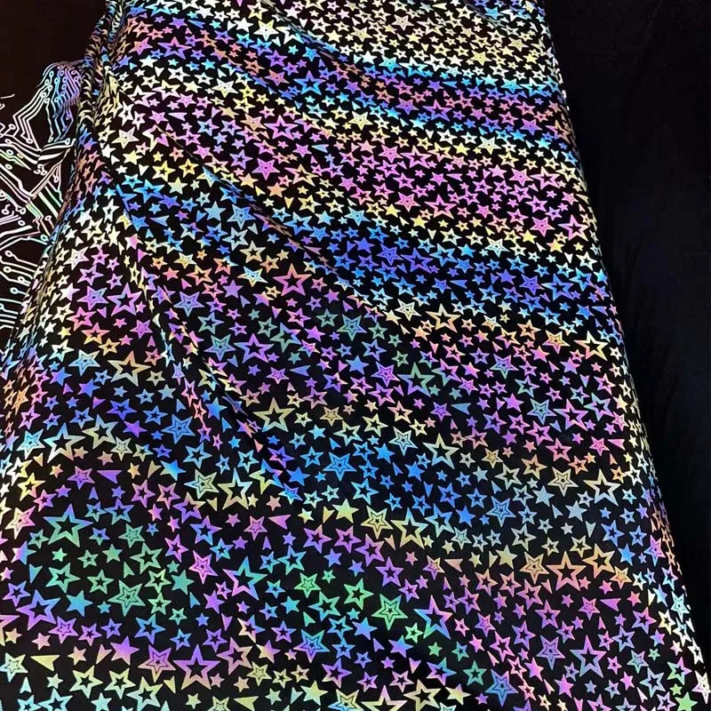 custom black hi viz rainbow reflective stars prints stretchy spandex reflector textile cloth fabric for gowns cheongsam apparels
