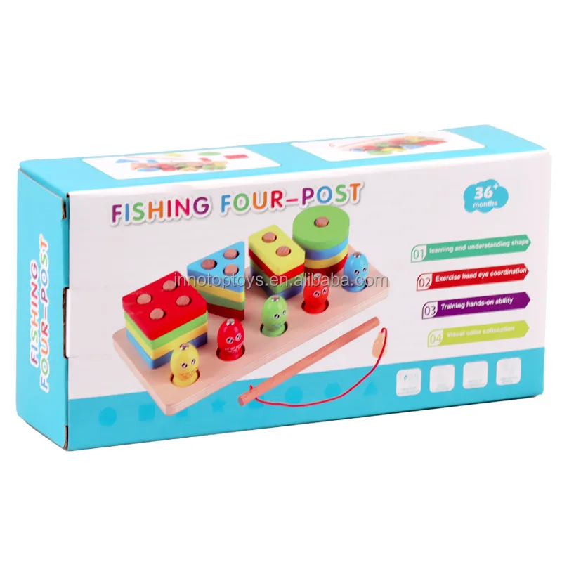 Wooden Block Set Colorful Magnetic fishing toys Cognitive Geometric Blocks Stacking Game For Kids