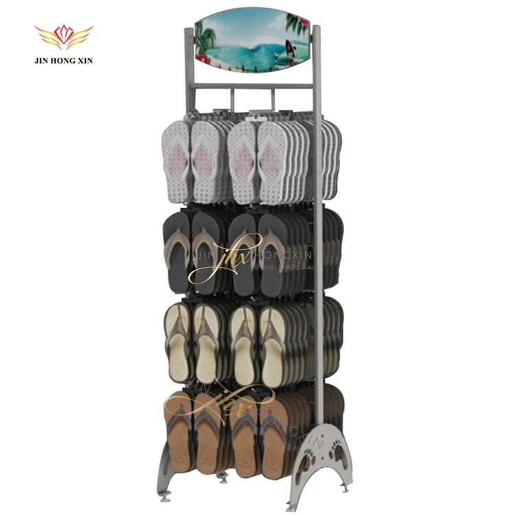 Rotating 4 Way Hanging Flip Flops Rack Shoe Retail Store Floor White Metal Sandals Slipper Footwear Display Stand For Promotion