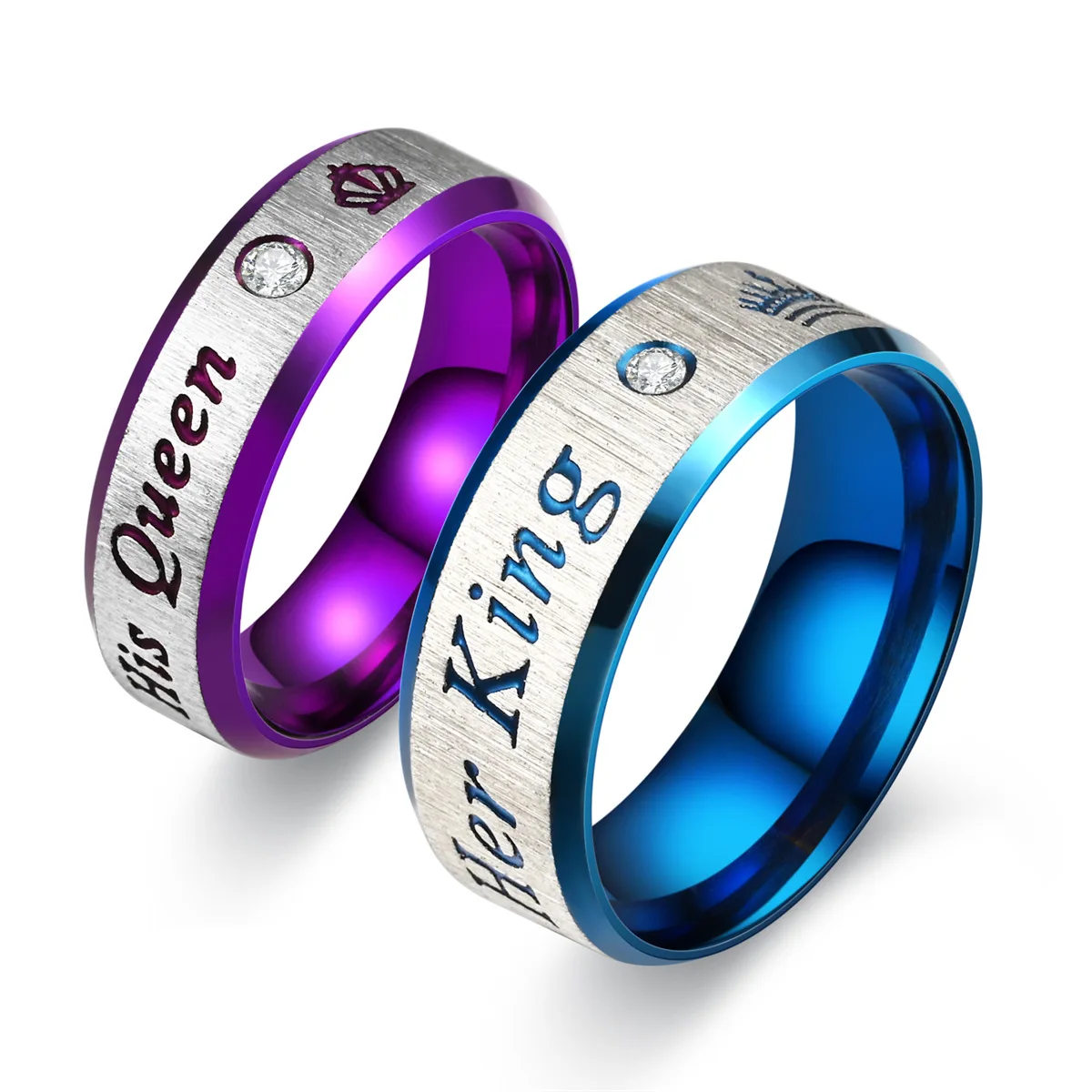 1pc Fashion Style 8MM 6MM Stainless Steel Zircon Couple Ring Purple and Blue Color Her King His Queen Lover Ring for Daily Wear