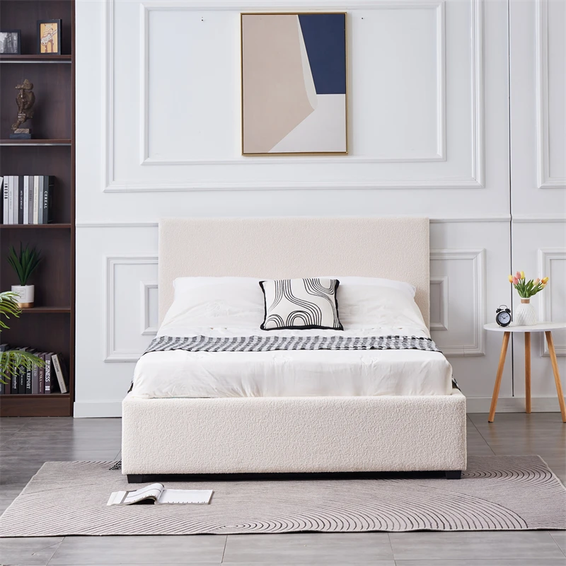 China manufacture supply bedroom furniture platform double queen size storage boucle fabric bed frame with hydraulic
