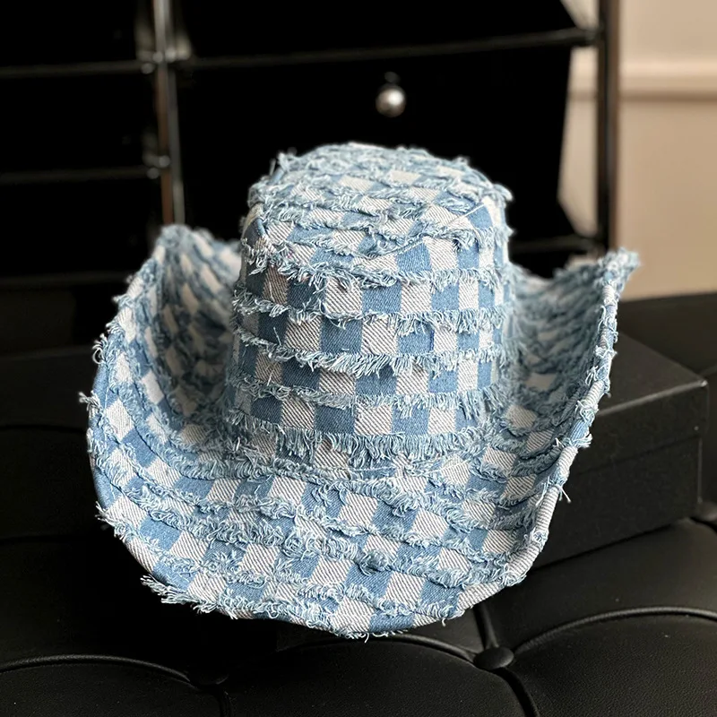 Unisex Retro American Blue Western Cowboy Hat with Sun Protection Brim Summer Travel Shade for Adults Outdoor Sports Scene