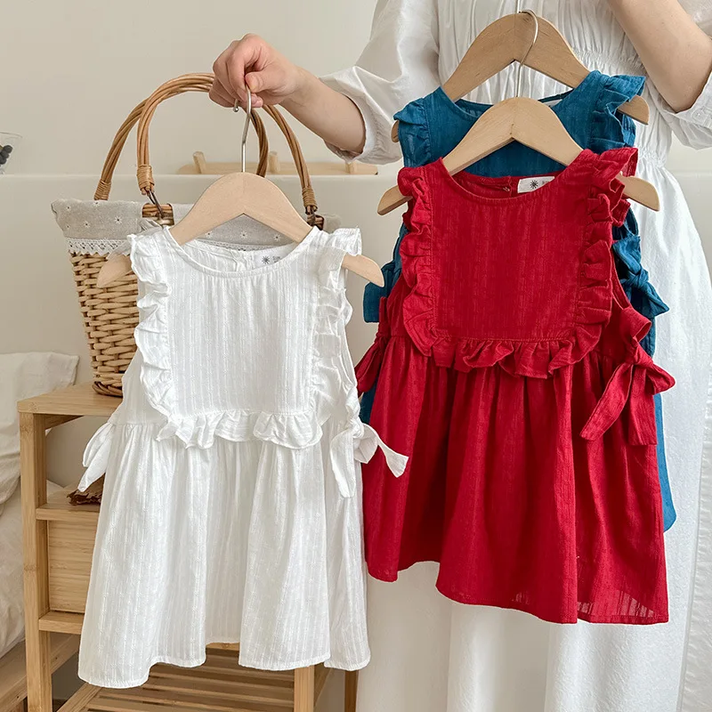Hot Selling 100% Cotton Baby Summer New Dress Cute Wooden Ear Edge Sleeves Sweet Bow Princess Dress For Girls