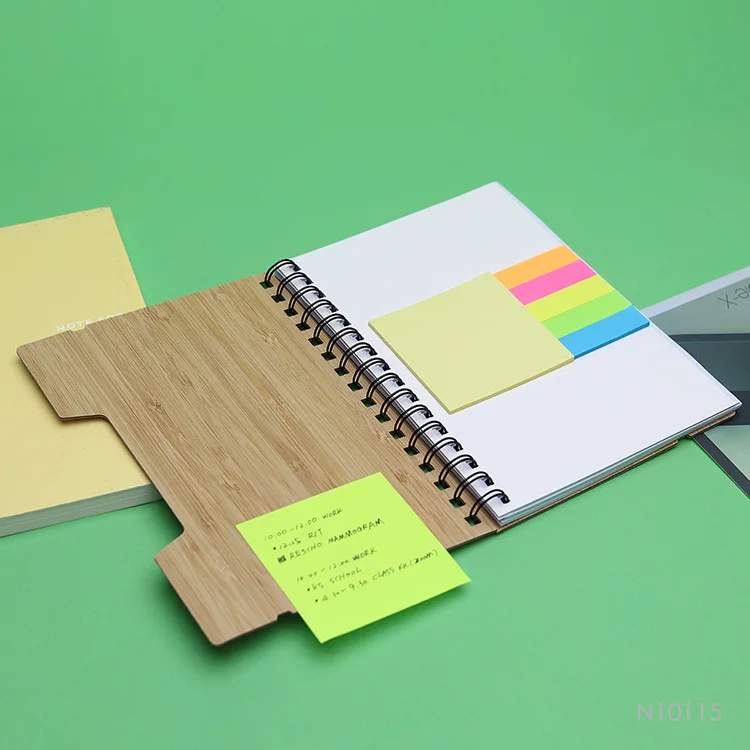 A5 Size ECO Spiral Binding Bamboo Cover Notebook with Sticky Note Pads with ruler