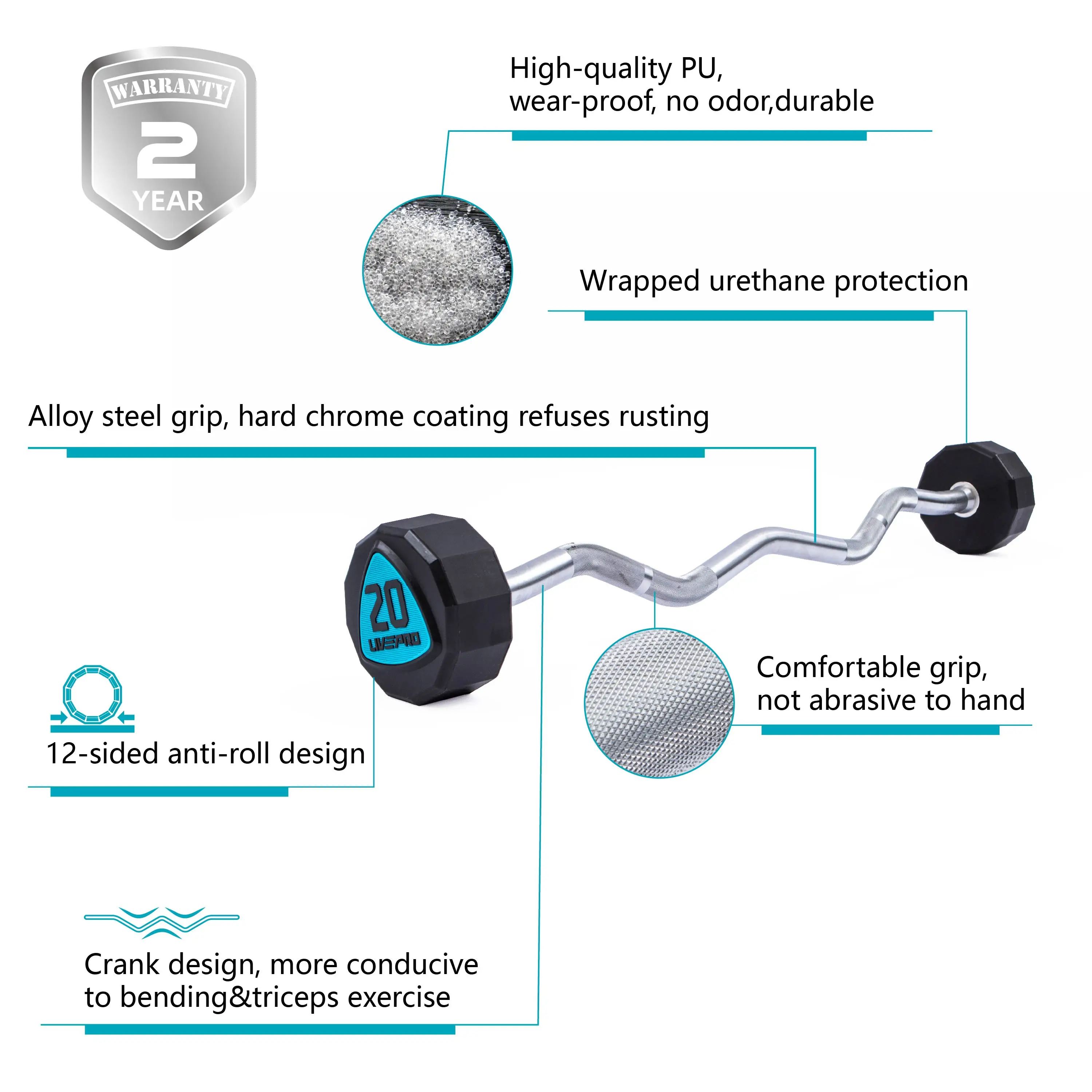 10/20/25/30/15kg 12-sided EZ Crank Gym Equipment Free Weights Fitness Weightlifting Exercise Barbell Polyurethane Fixed Barbell