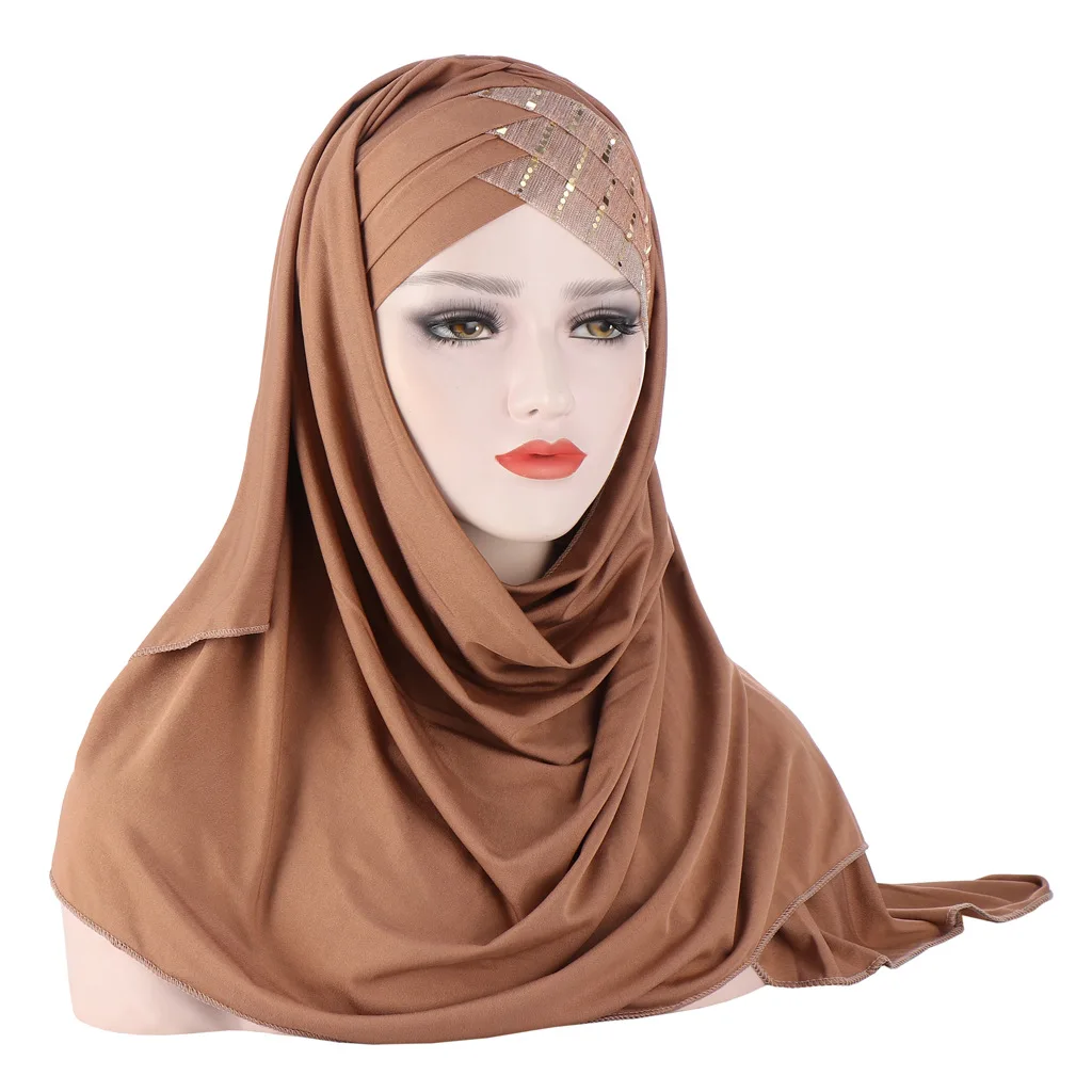 Custom Embroidery Muslim Islam Long Headscarf Sequins Turkish Hijab Solid Color Turban Cap Milk Silk Scarves Women Turban Hat