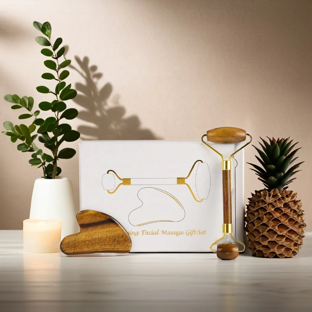 Gusha Modern Style Tiger Eye Crystal Set for Massage Laser Printed Love Theme Polished Technique