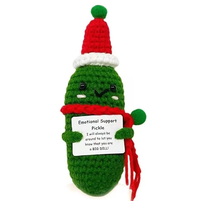 Green Cucumber shape cotton yarn knitting doll with red hat for Christmas gift positive warming word energy crochet fruit doll