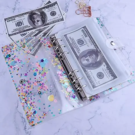A6 Binder Cover PVC 6 Ring Personal Organizer Refillable Notebook Binder Cover with Shiny Sequins for Loose Leaf Planner