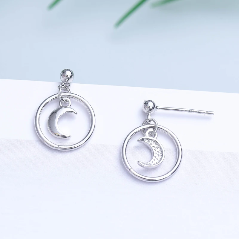 925 Sterling Silver Earrings Circles Moon Stud For Women Jewelry