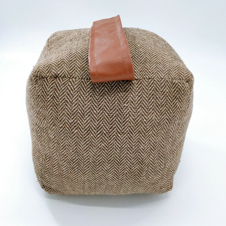 Creative products brown herringbone fabric square bag door stopper with handle sand filled cube door stop