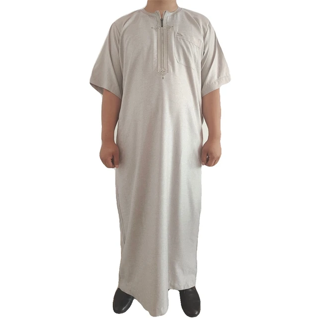 2021 Cotton Fashion Embroidered Half Sleeve Muslim Robe Abaya Men Islamic Clothing