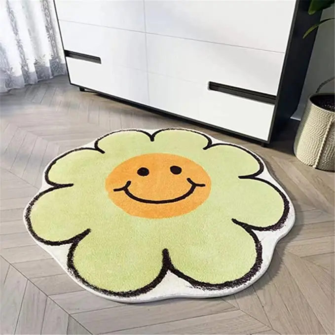 Cute Smiley Face Rug Sunflower Rug for Bedroom Water Absorption Non Slip Carpet Super Soft Stairs Playroom Entryway Doormat