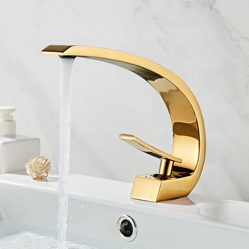 Golden plated copper faucet C shape design hot and cold faucet for bathroom Single Handle Hot Cold Waterfall Basin Faucet