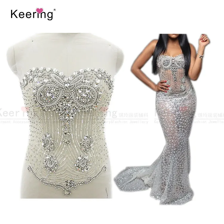 Colorful Sparkly rhinestone and beaded owl shape body applique panel for gown WPH-1728